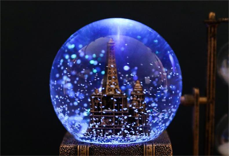 LED Music Crystal Snow Globe with Hourglass Vintage Paris Eiffel Tower Home Decoration for Living Room Bedroom Book Shelf TV Cabinet Desktop Decor Table Centerpieces Ornaments