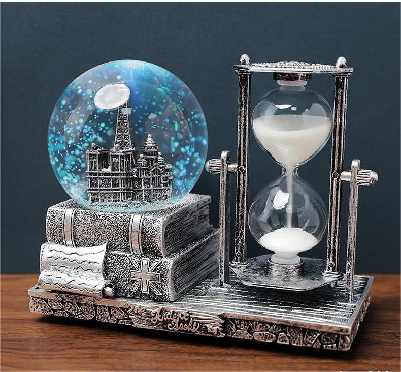 LED Music Crystal Snow Globe with Hourglass Vintage Paris Eiffel Tower Home Decoration for Living Room Bedroom Book Shelf TV Cabinet Desktop Decor Table Centerpieces Ornaments