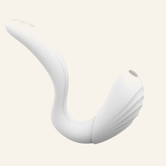 Flexible heated vibrator with internal tapping and external suction, 80 finger-like pulses per second