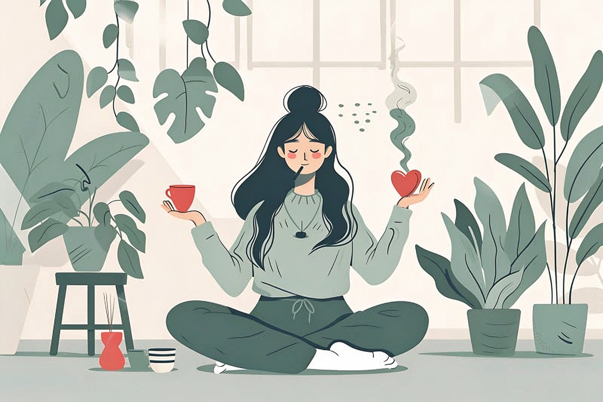 Illustration of a woman sitting cross-legged among houseplants, holding a cup and a heart, representing self-care and wellbeing at CD-HOMES